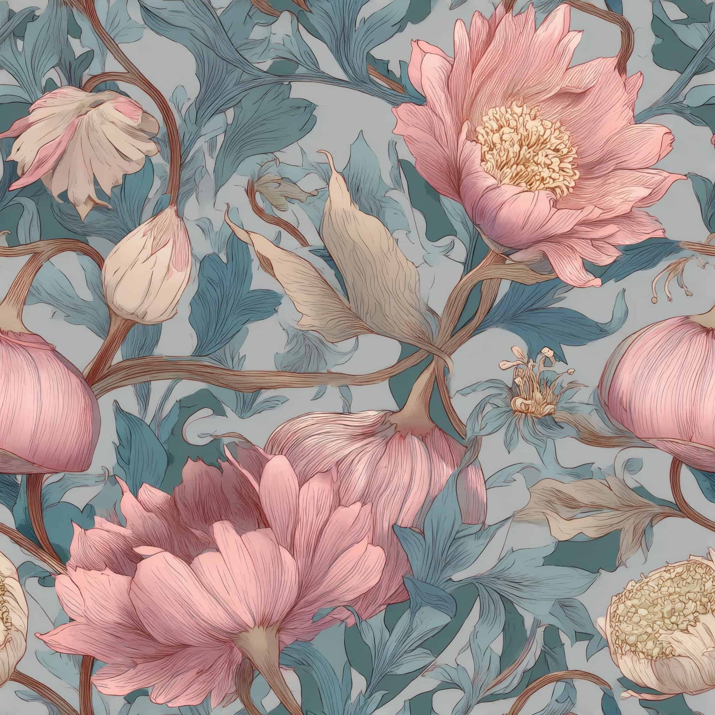 Soft pink floral pattern with blue leaves on a gentle background.