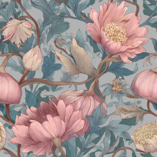 Soft pink floral pattern with blue leaves on a gentle background.