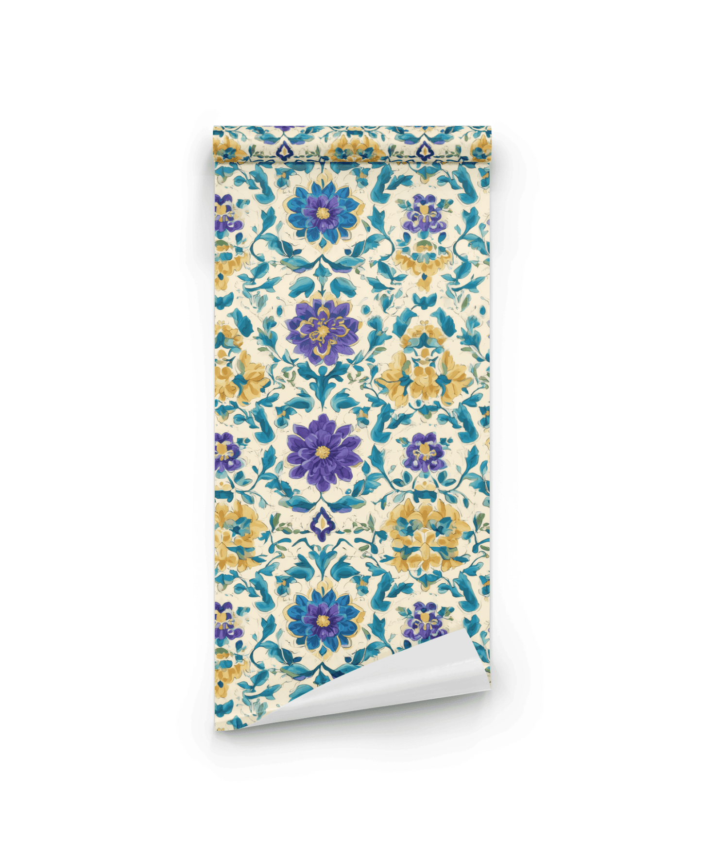 Floral Reverie Wallpaper features golden yellow and royal purple flowers with teal leaves on a cream background, creating a vibrant floral pattern.
