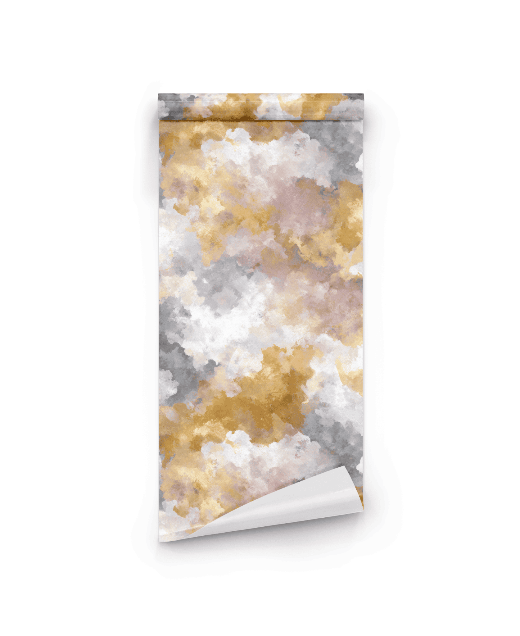 The Golden Serenity Wallpaper features a cloud-like watercolor pattern in muted gold, gray, and white tones, partially unrolled on a white background for a refined, elegant touch.