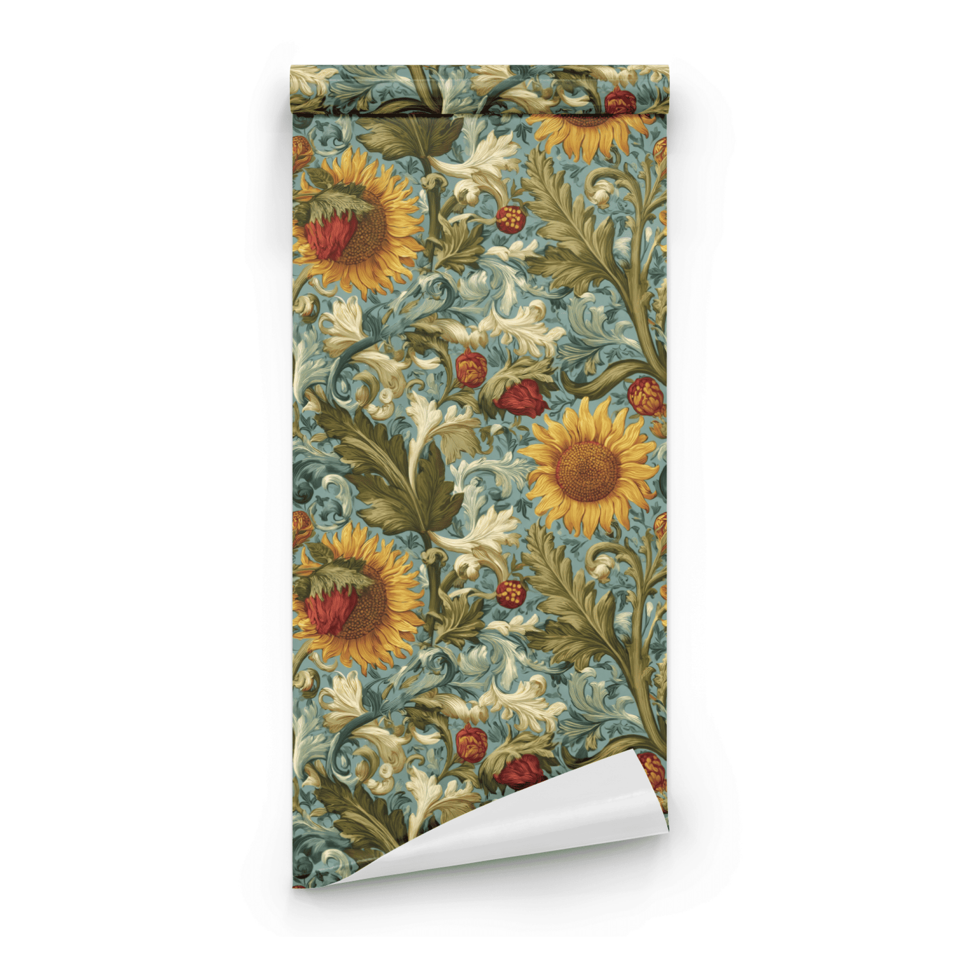 Green Floral Wallpaper roll preview showing the moody poppy drawing in close deep green dark botanical detail