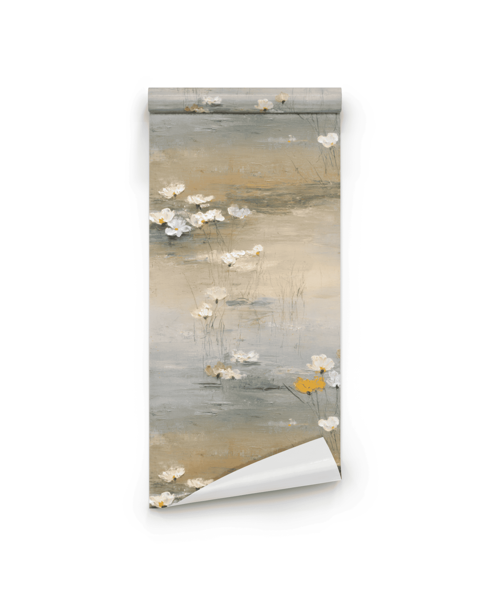 Serene Meadow Wallpaper features a watercolor-style design with pastel flowers and a muted earth-toned background, ideal for creating a calming atmosphere.