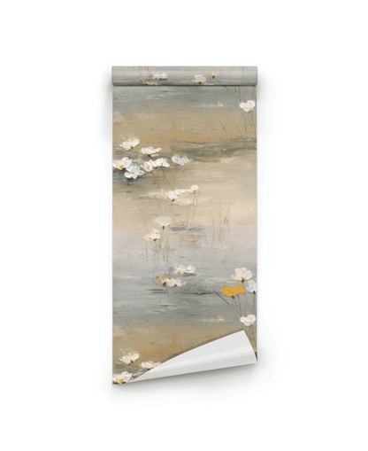 Serene Meadow Wallpaper features a watercolor-style design with pastel flowers and a muted earth-toned background, ideal for creating a calming atmosphere.