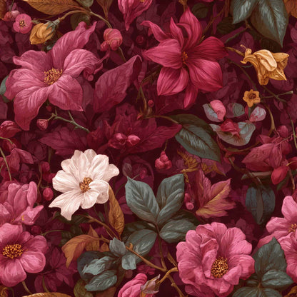 Floral wallpaper with vibrant pink, white, and red flowers on a burgundy background.