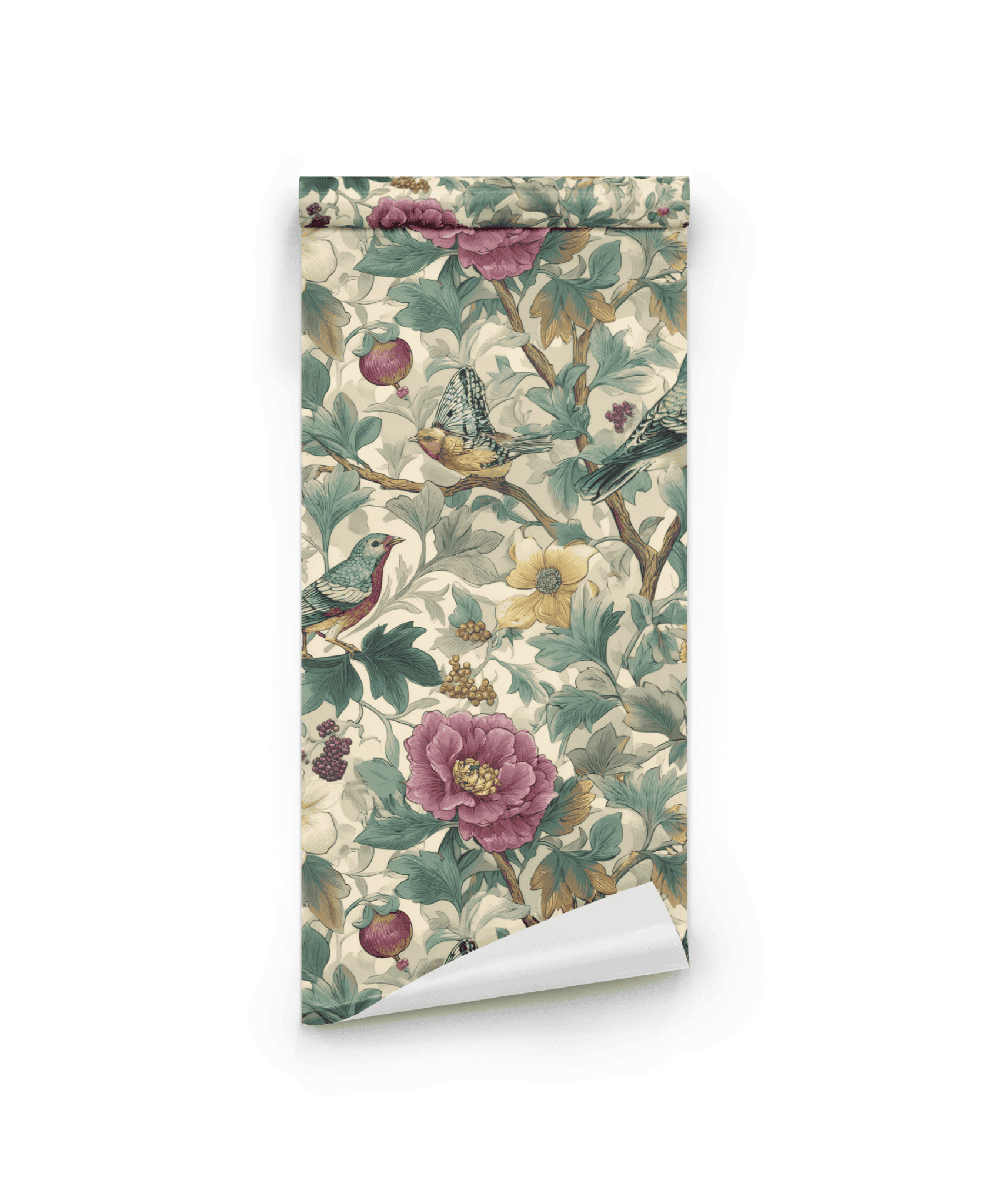 Aviary Bloom Wallpaper is a rolled wallpaper with lush florals, leaves, vibrant birds, and butterflies in muted green, pink, and cream tones—ideal for creating an indoor garden haven.