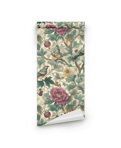 Aviary Bloom Wallpaper is a rolled wallpaper with lush florals, leaves, vibrant birds, and butterflies in muted green, pink, and cream tones—ideal for creating an indoor garden haven.