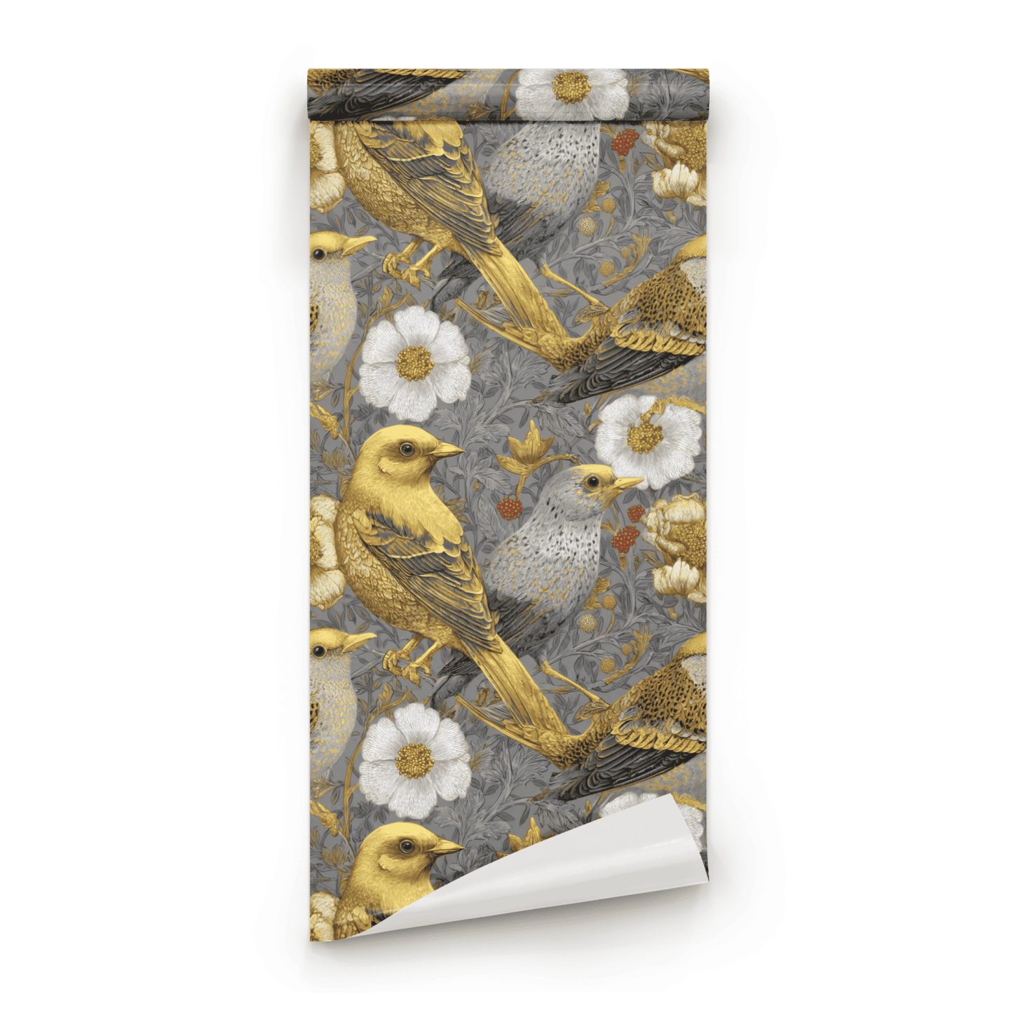 Grey Floral Wallpaper roll preview showing the finch bird drawing with gilded detail on grey Arts and Crafts ground