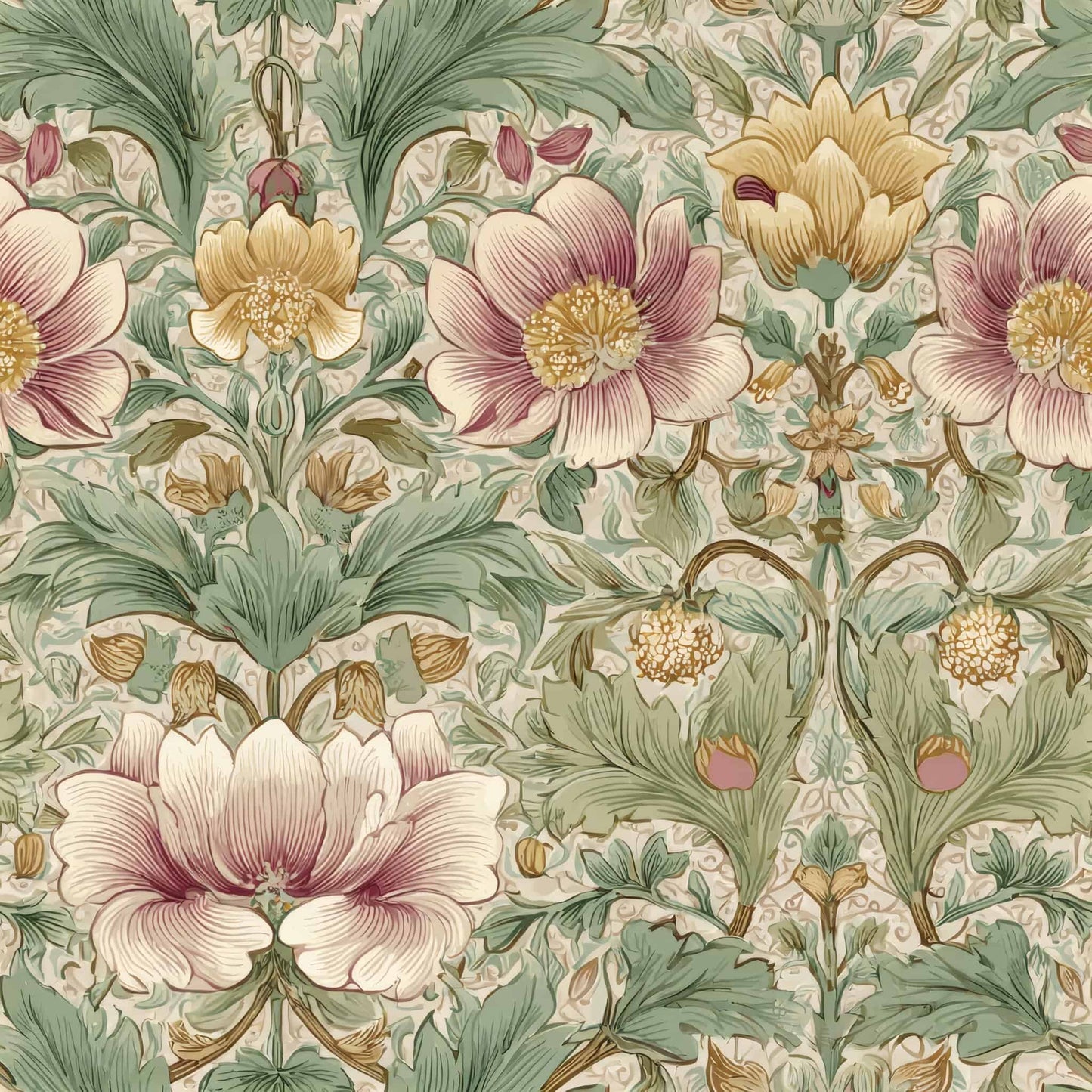 Vintage floral wallpaper with large flowers in pink, yellow, green, and beige tones.