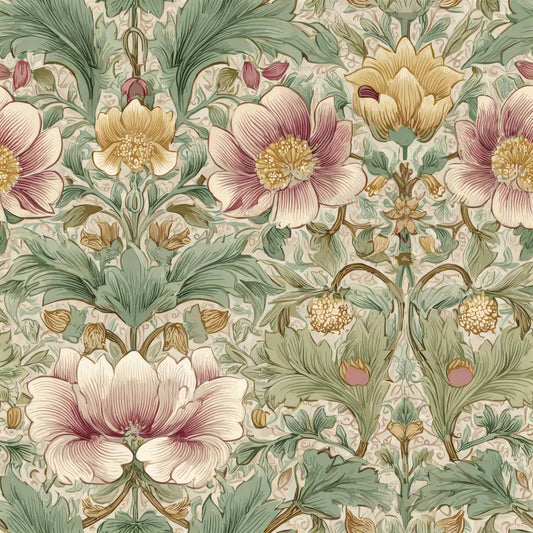 Vintage floral wallpaper with large flowers in pink, yellow, green, and beige tones.