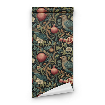 Black Bird Pattern Wallpaper roll close-up showing the moody birds and fruit detail on the deep black moody floral ground