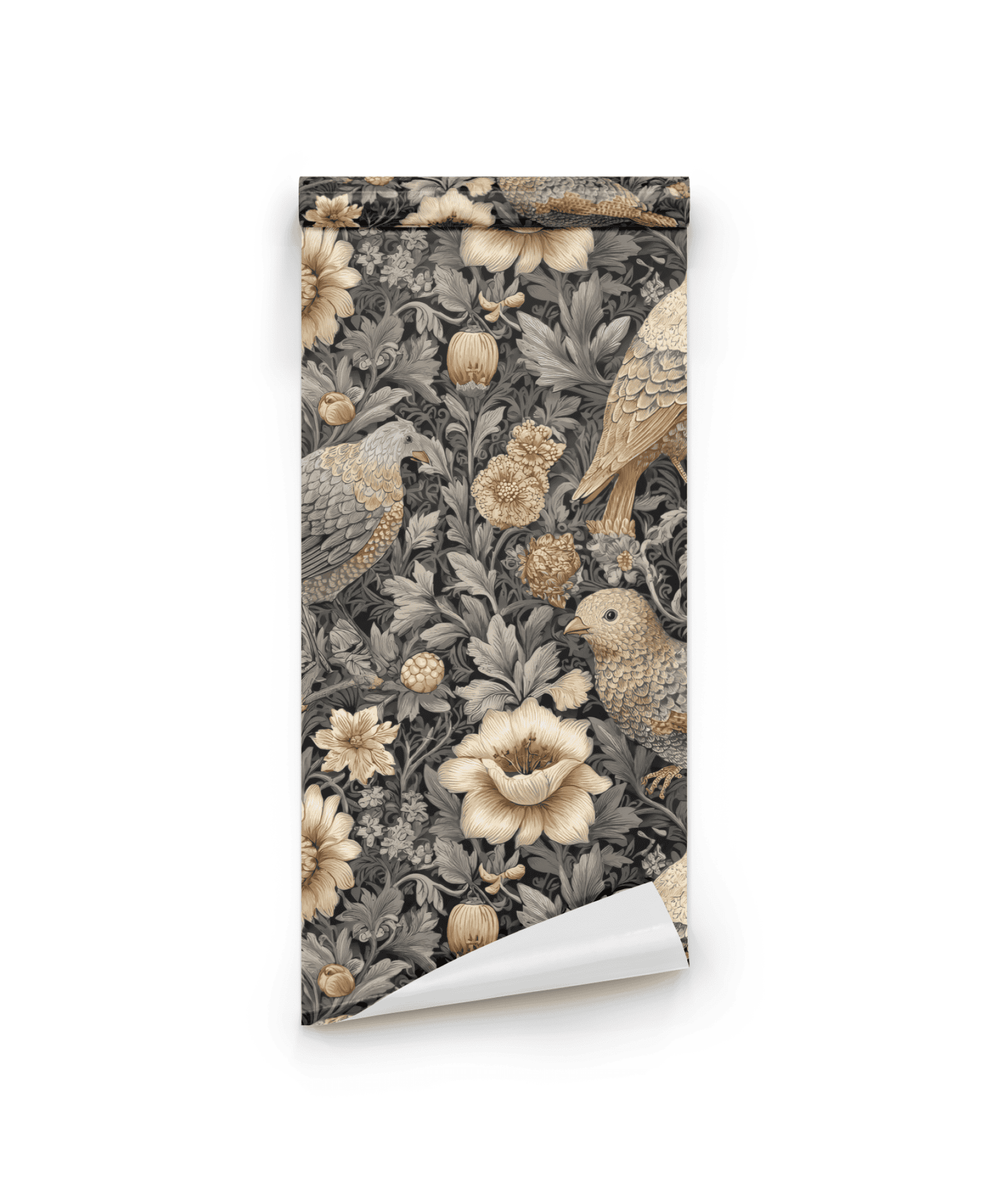 Garden Reverie Wallpaper is a rolled sheet featuring birds and blooms in a detailed pattern, rendered in muted beige and gray on a white background for timeless elegance.