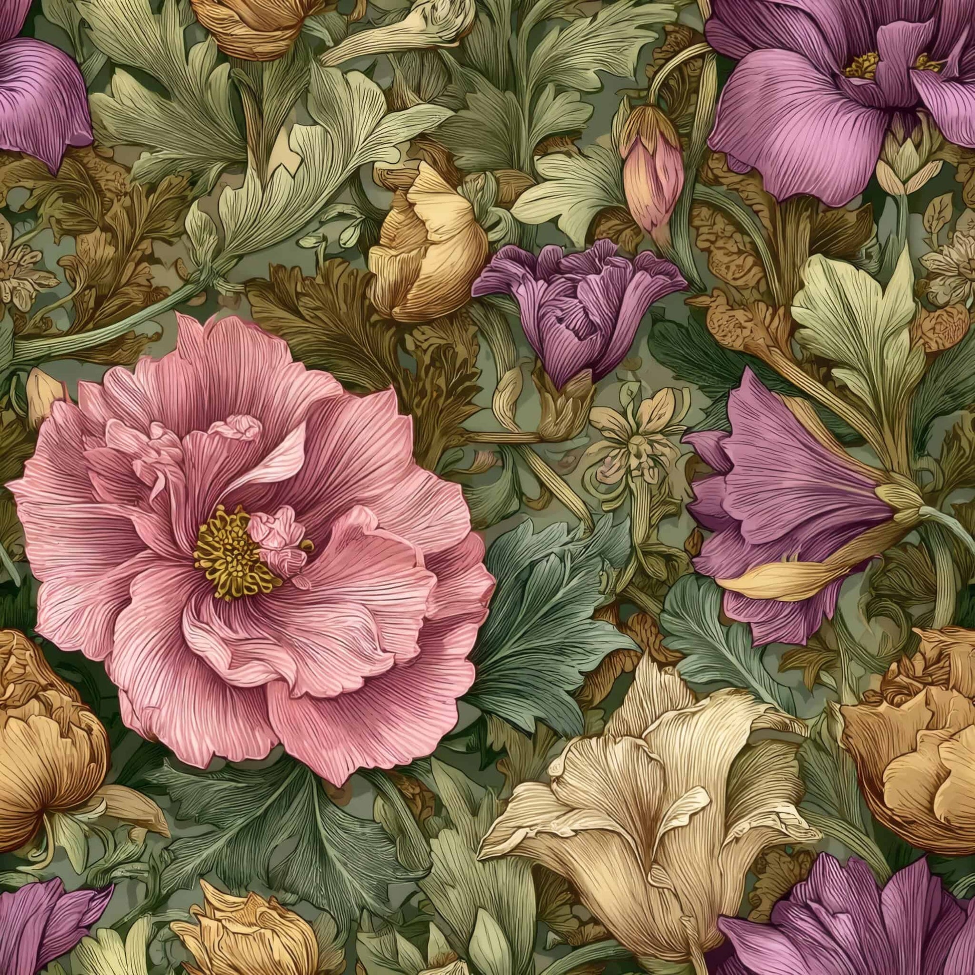 Lush floral wallpaper with intricate patterns in shades of green, pink, and beige.