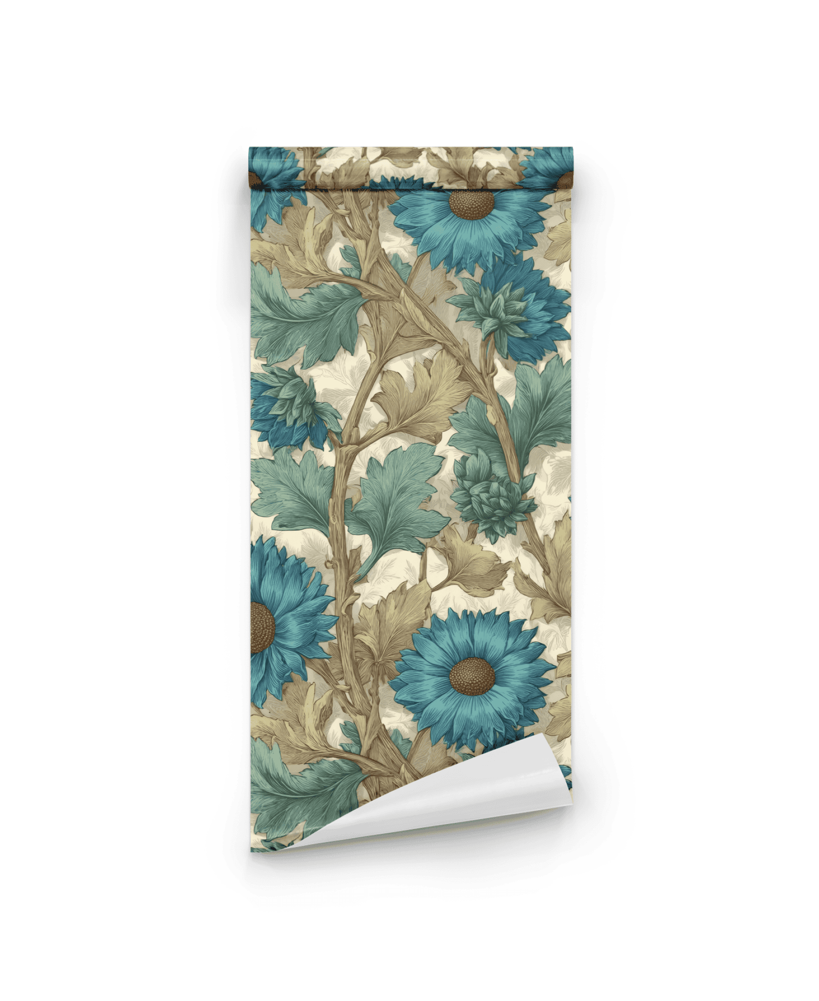 Azure Blossom Wallpaper features a rolled sheet with a floral pattern of azure blossoms and green leaves on a beige background, ideal for bringing timeless beauty to any room.