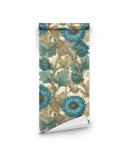 Azure Blossom Wallpaper features a rolled sheet with a floral pattern of azure blossoms and green leaves on a beige background, ideal for bringing timeless beauty to any room.