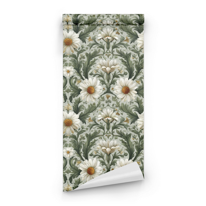 Green Floral Wallpaper roll close-up showing the gerbera drawing in close verdant green Arts and Crafts detail