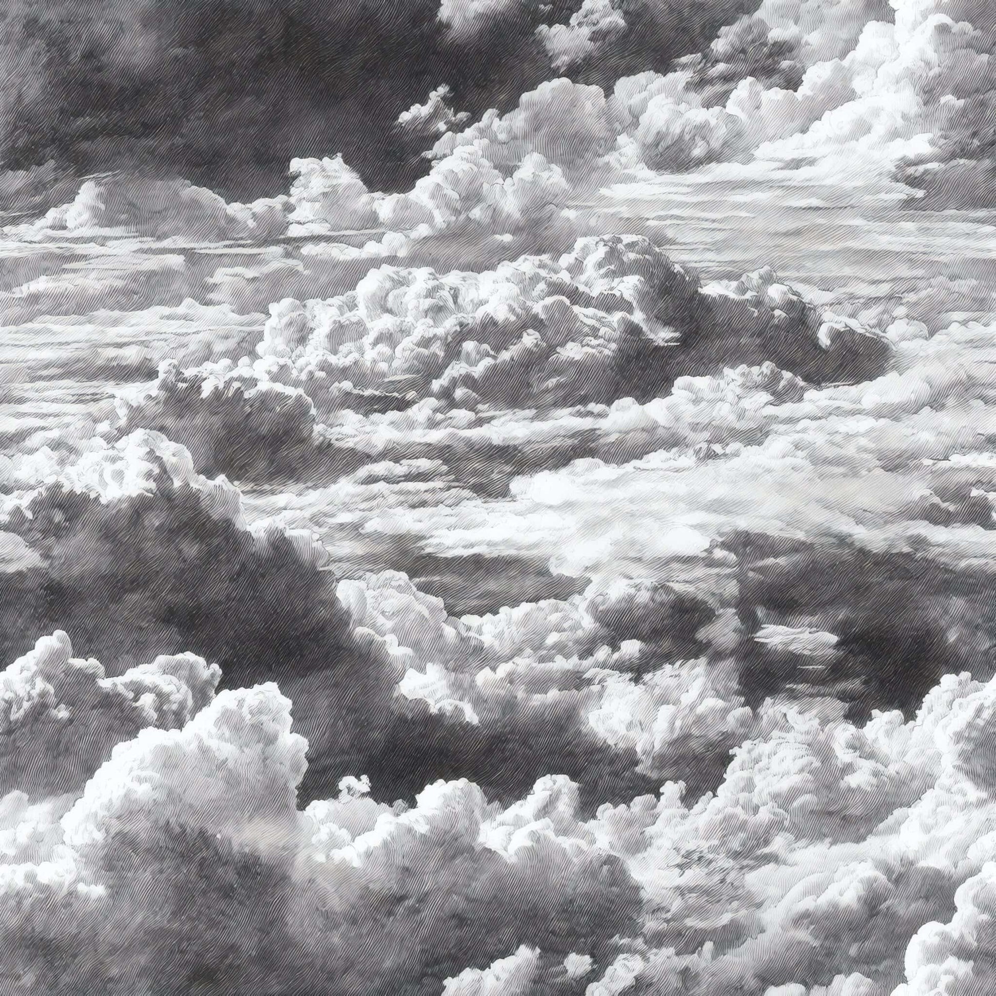 Monochrome cloud pattern wallpaper with soft, swirling shapes and shades of gray.