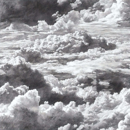 Monochrome cloud pattern wallpaper with soft, swirling shapes and shades of gray.