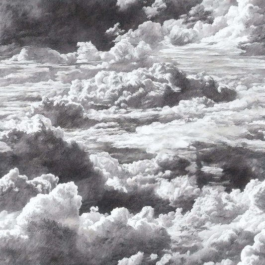 Monochrome cloud pattern wallpaper with soft, swirling shapes and shades of gray.
