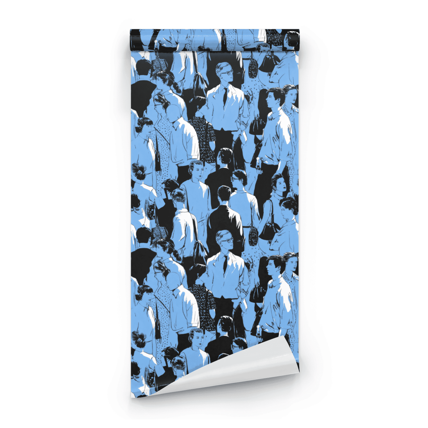 Blue Abstract Wallpaper roll close-up showing the crowd figure detail in close deep indigo monochrome line work