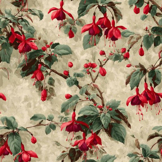 Botanical wallpaper with red fuchsia flowers and green leaves on a beige background.