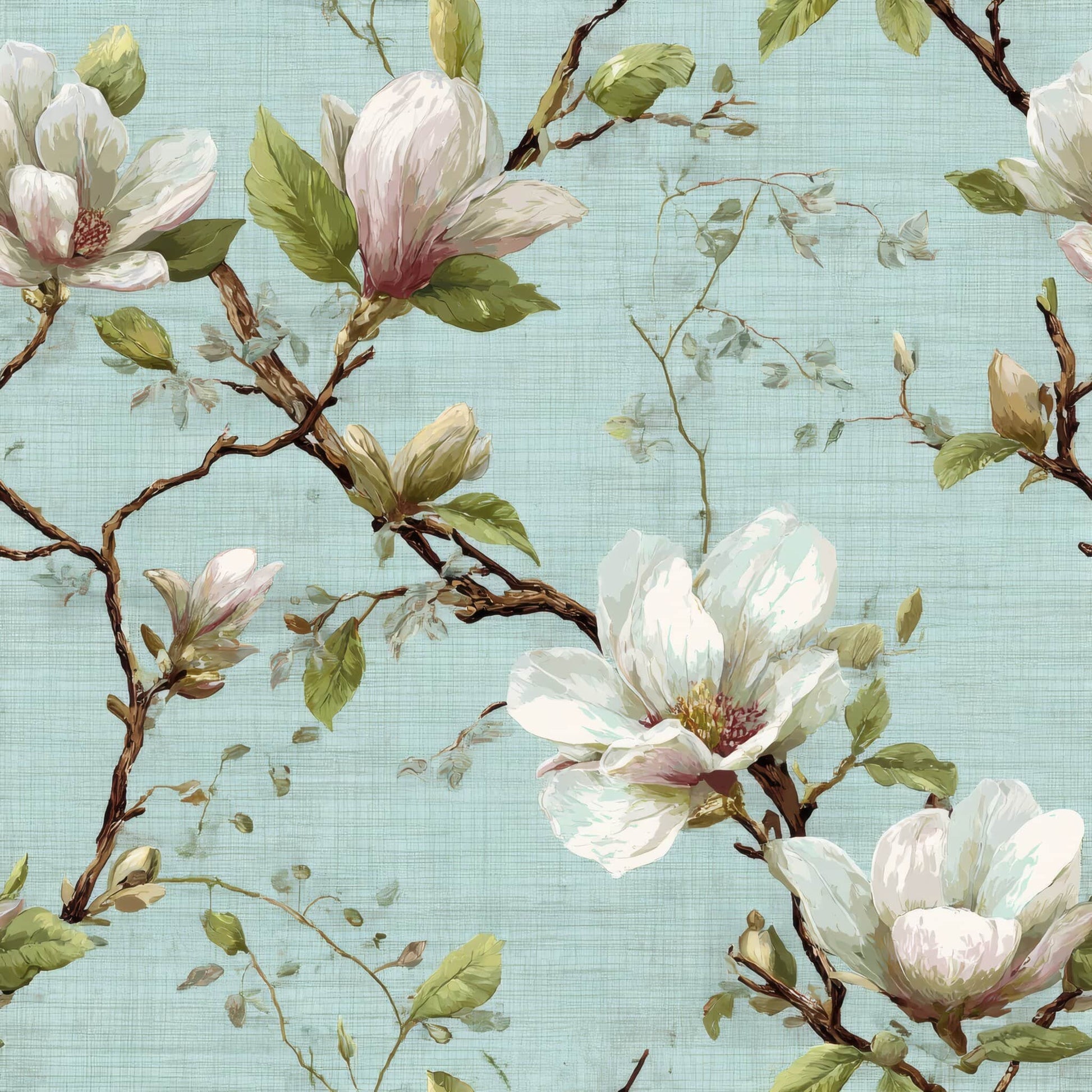 Floral wallpaper with magnolia flowers and green leaves on a light blue background.