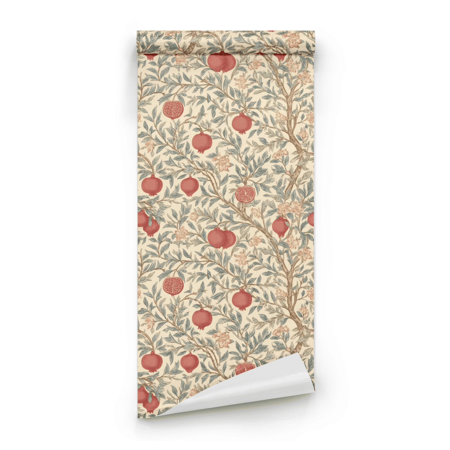 Cream Botanical Wallpaper roll preview showing the grove fruit drawing in close cream scarlet detail