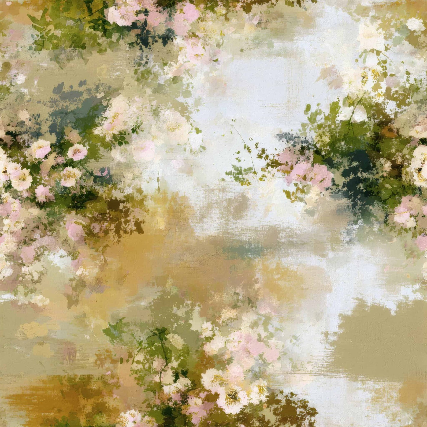 Floral wallpaper with soft pink and green tones creating a calming, romantic ambiance.