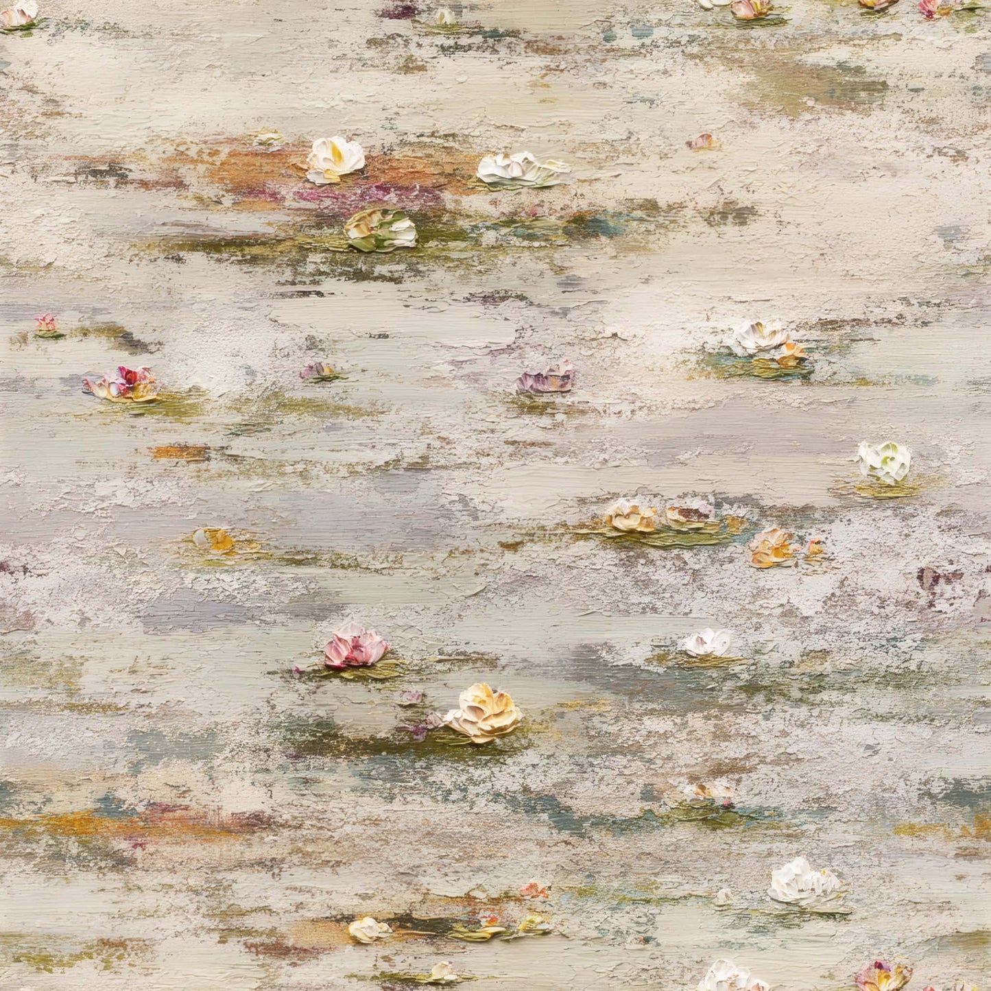 Wallpaper with painterly floral designs in soft pastel colors on a textured background.