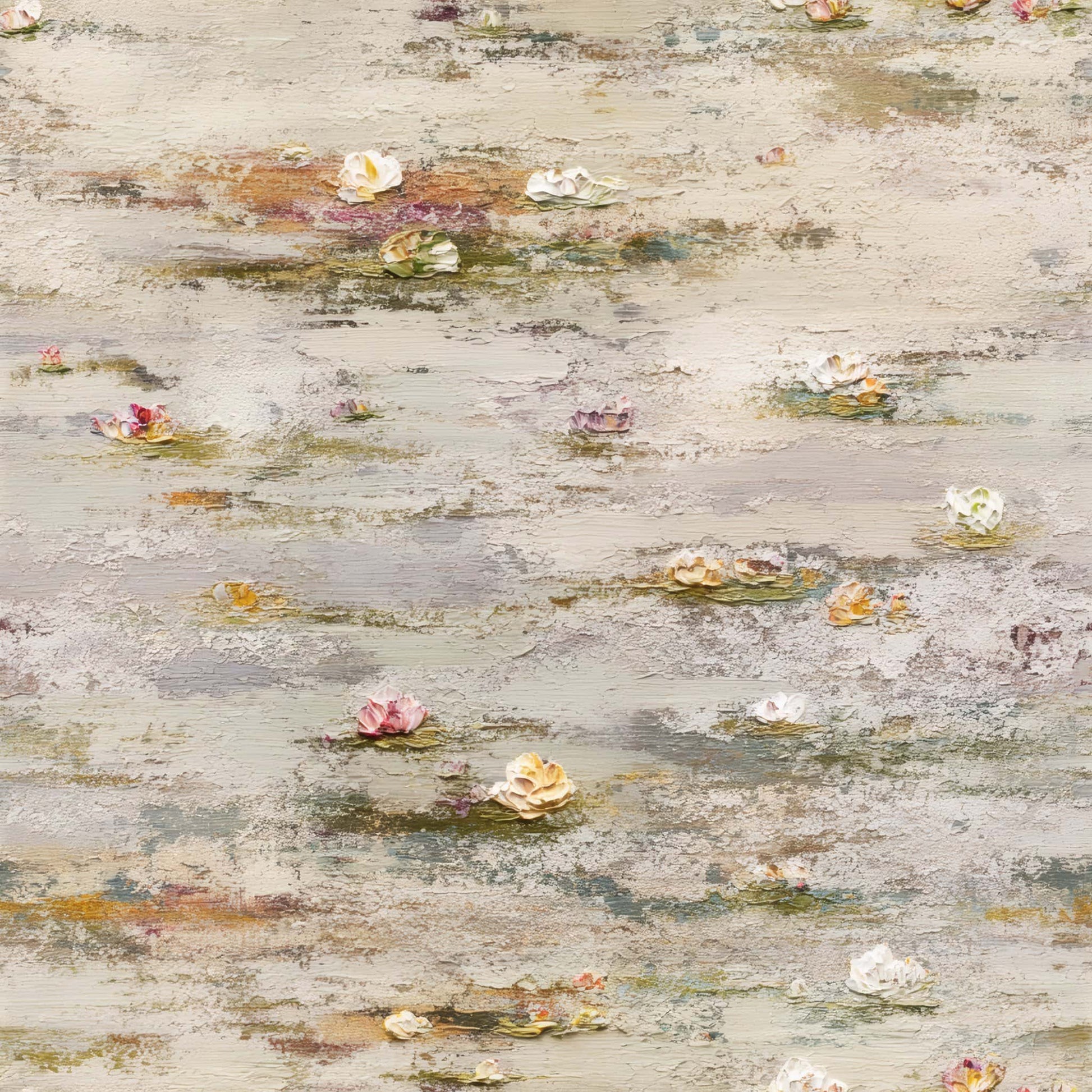 Wallpaper with painterly floral designs in soft pastel colors on a textured background.