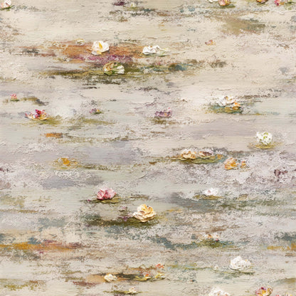 Wallpaper with painterly floral designs in soft pastel colors on a textured background.