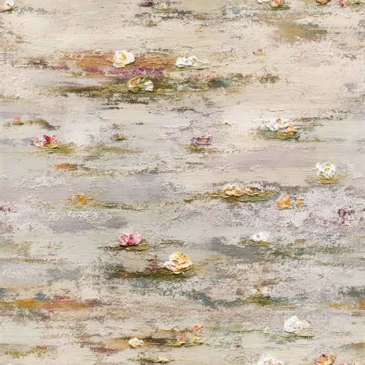 Wallpaper with painterly floral designs in soft pastel colors on a textured background.