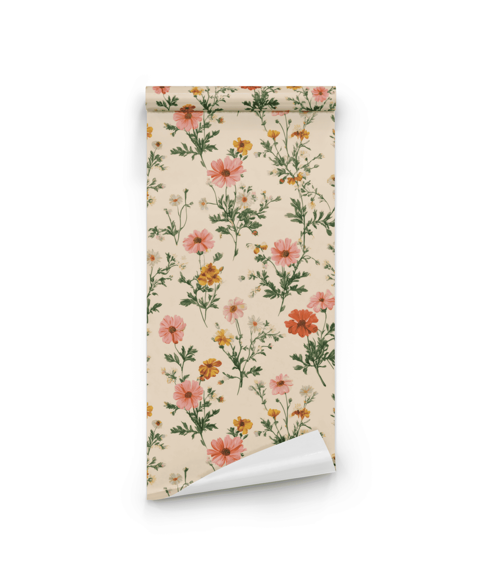 Flora Charm Wallpaper features a beige background with a repeating floral pattern of vibrant pink, yellow, and orange blossoms accented by green leaves.