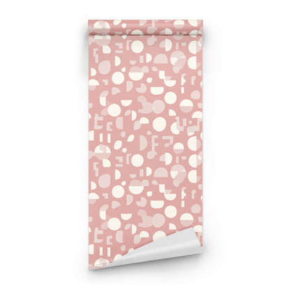 Pink Geometric Wallpaper roll preview showing the geometric pattern in close salmon pink Mid-Century detail