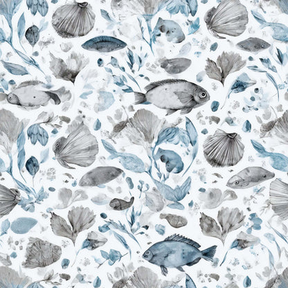Wallpaper with sketches of fish, sea plants, and shells in blue and grey tones.