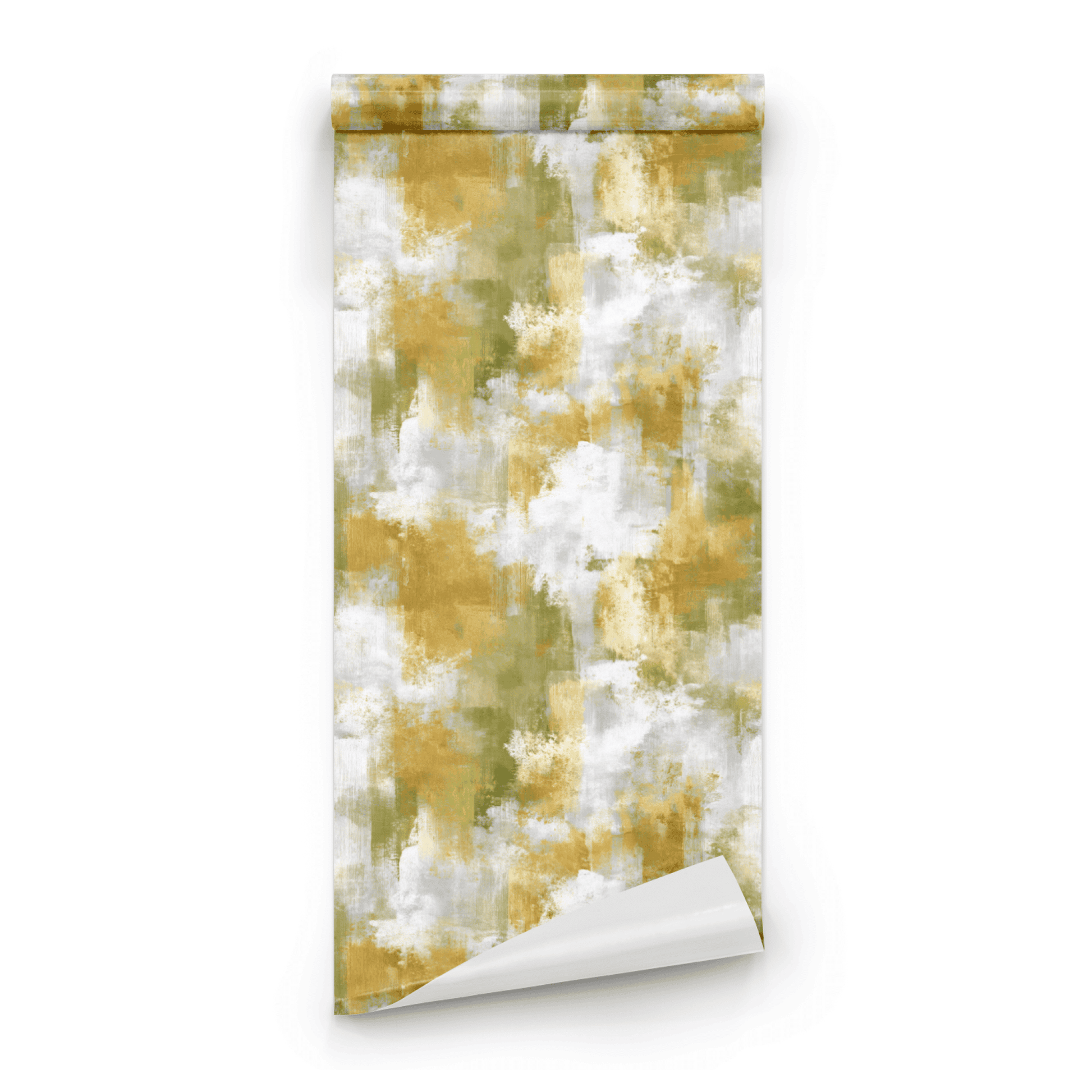 Green Abstract Wallpaper roll preview showing the abstract glimmer drawing in close olive watercolor detail