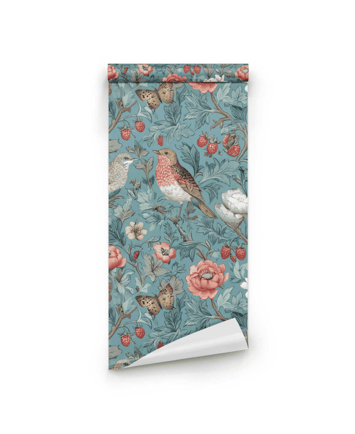 Garden Serenade Wallpaper: A roll of wallpaper with a floral pattern featuring delicate birds, colorful butterflies, strawberries, and leaves on a blue background.