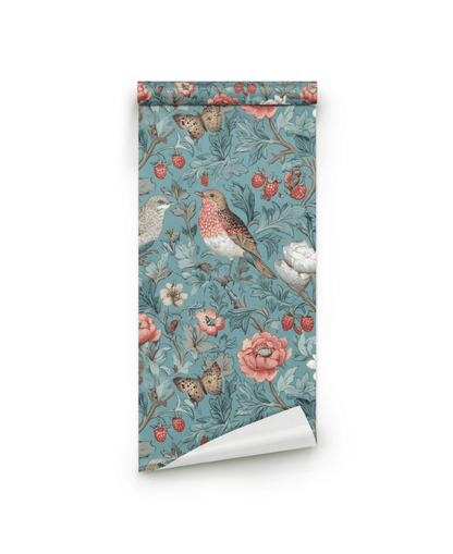 Garden Serenade Wallpaper: A roll of wallpaper with a floral pattern featuring delicate birds, colorful butterflies, strawberries, and leaves on a blue background.