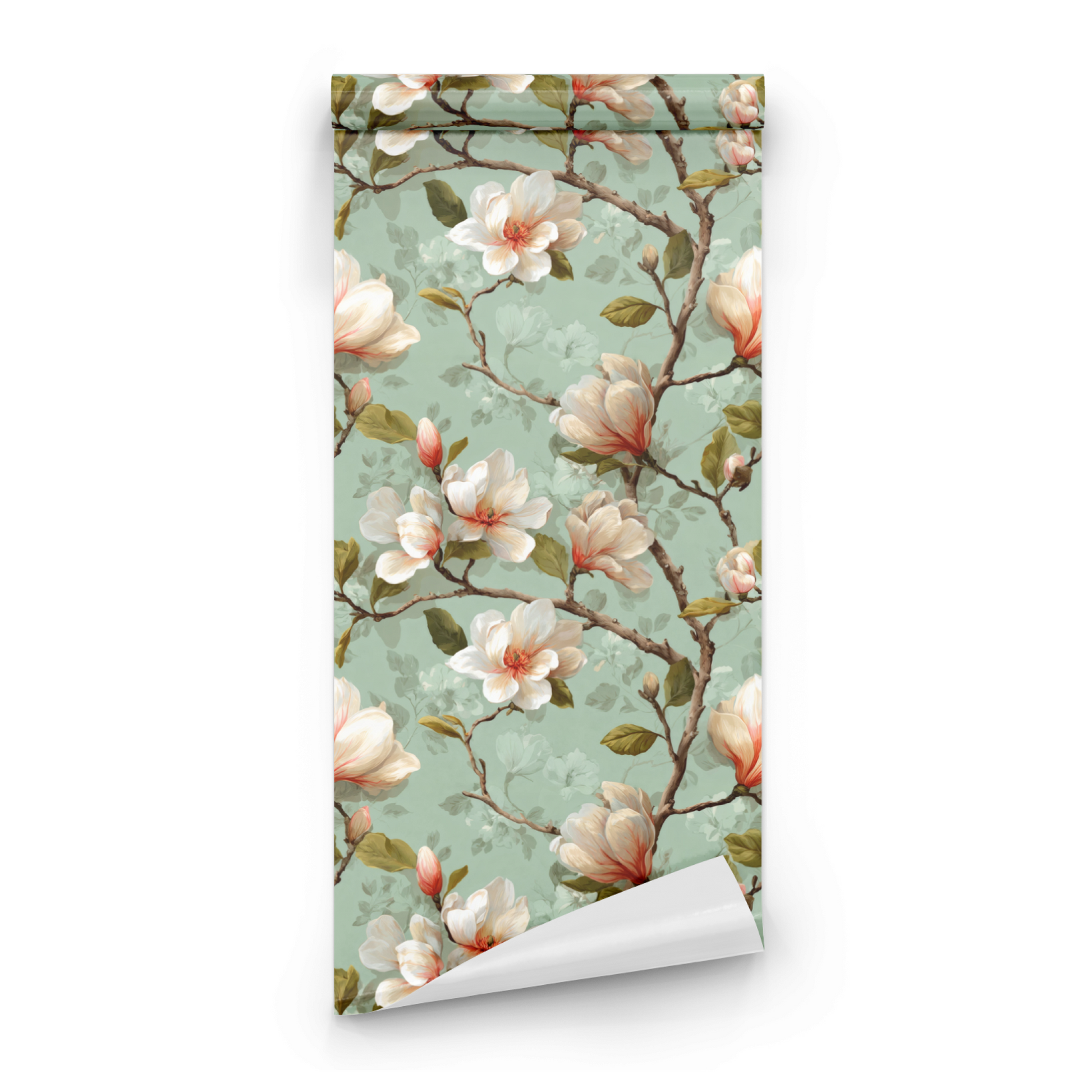 Green Floral Wallpaper roll preview showing the magnolia drawing in close vintage green Arts and Crafts detail
