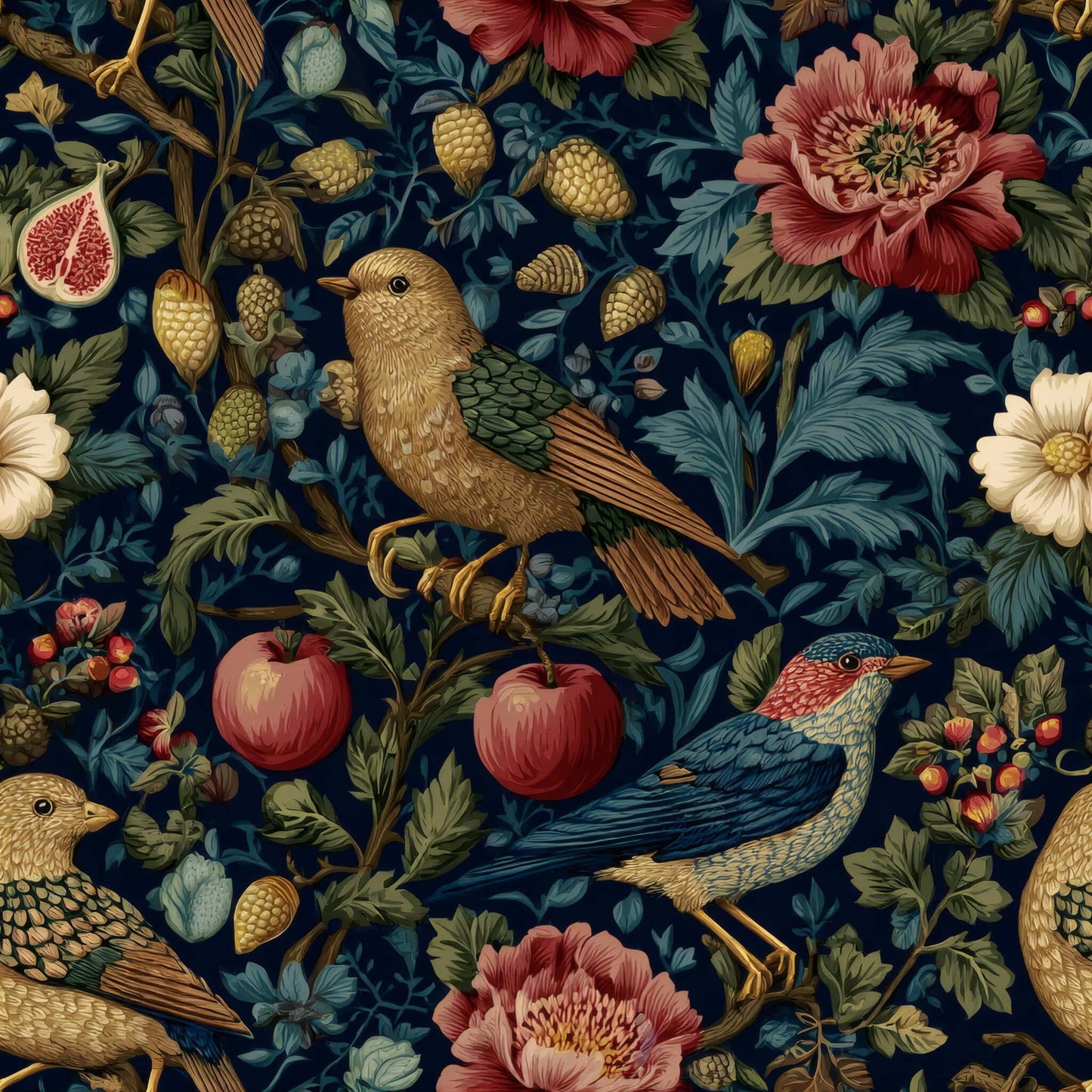 Wallpaper with vibrant birds, blooming florals, and a dark blue background.