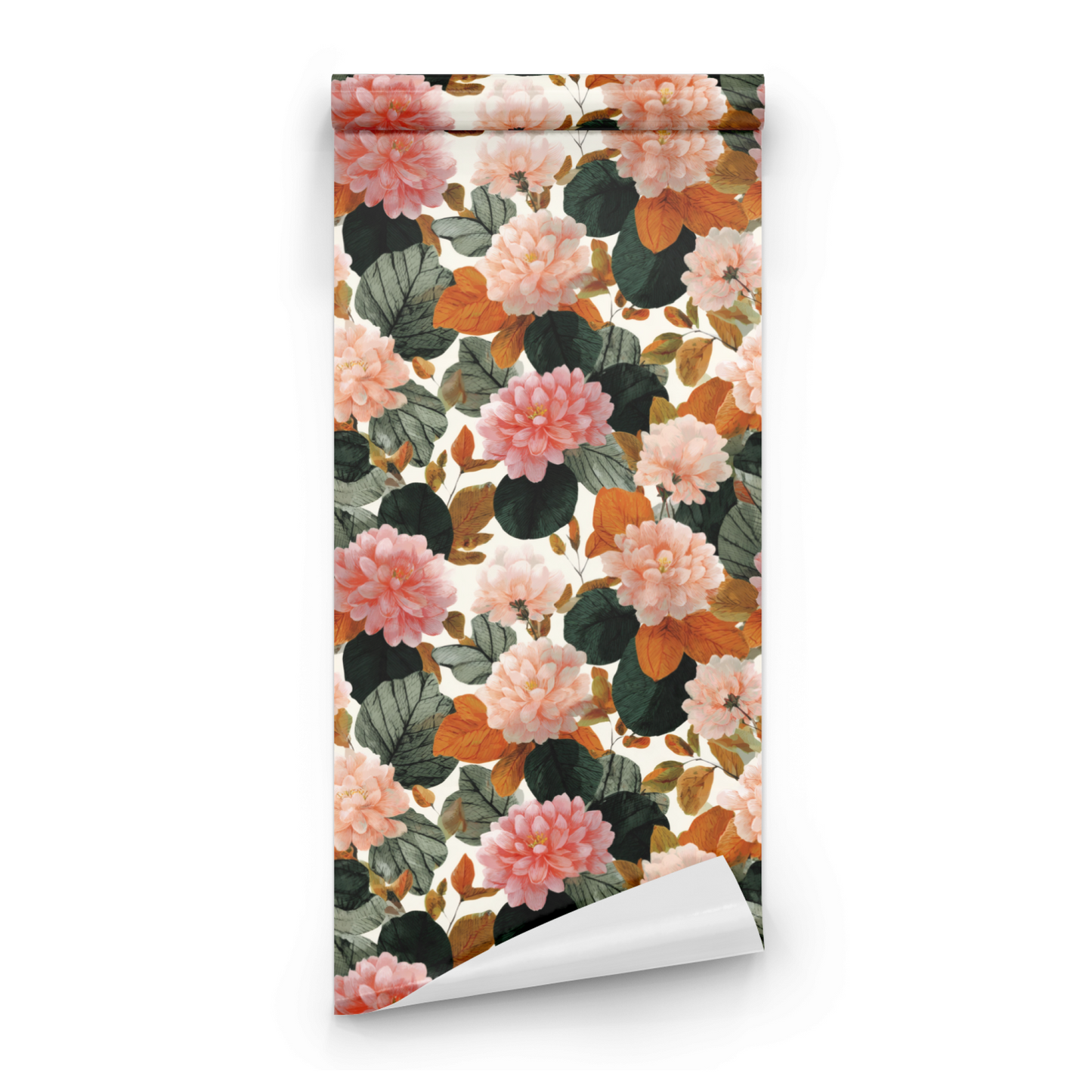 Cream Floral Wallpaper roll preview showing the dahlia flower drawing and the copper-and-cream palette in fine detail