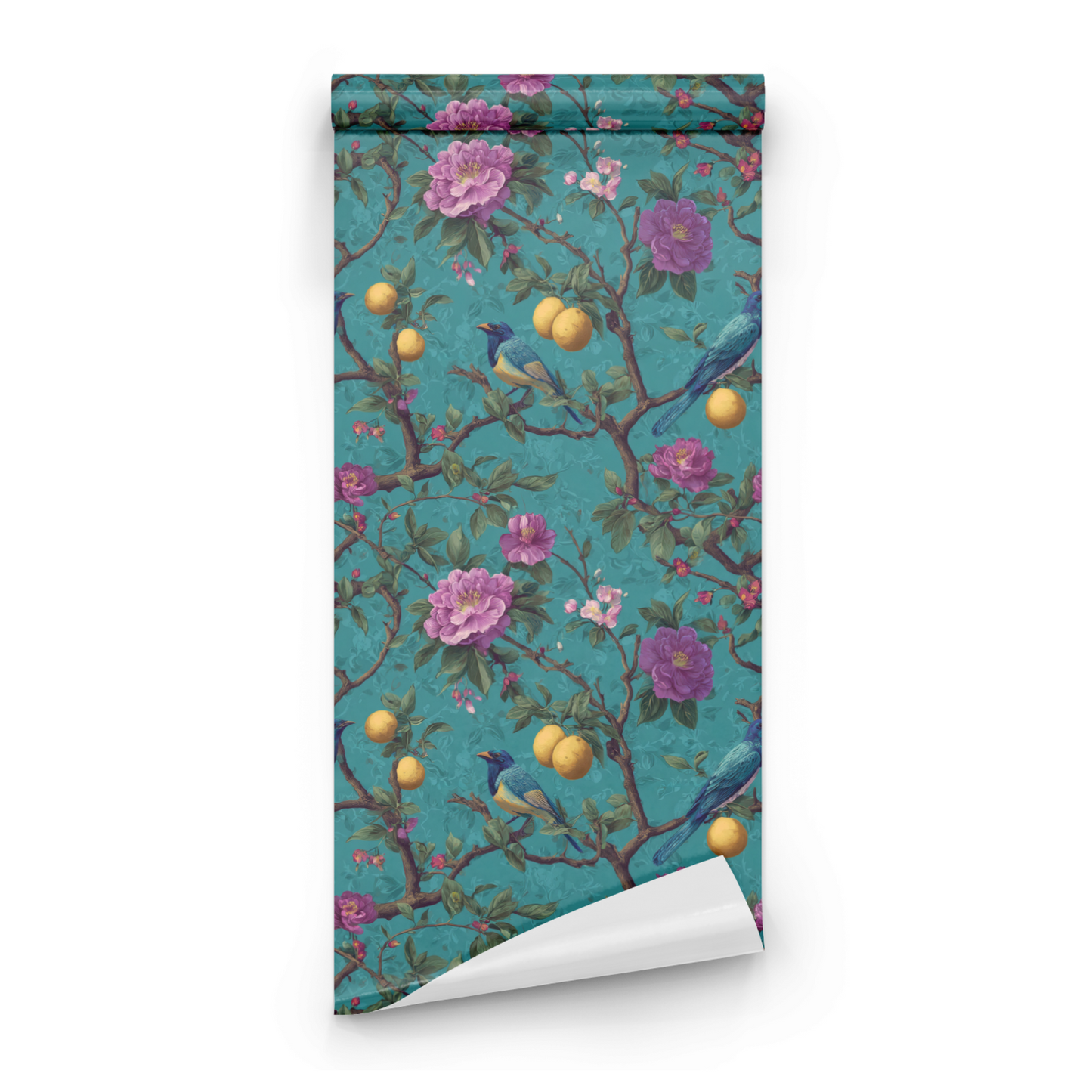 Cerulean Orchard | Green Floral Wallpaper | Fruit Pattern - Roll Preview