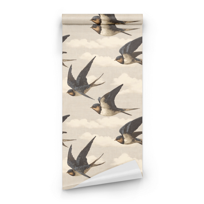 Neutral Bird Pattern Wallpaper roll close-up showing the swallow drawing in close neutral sky detail