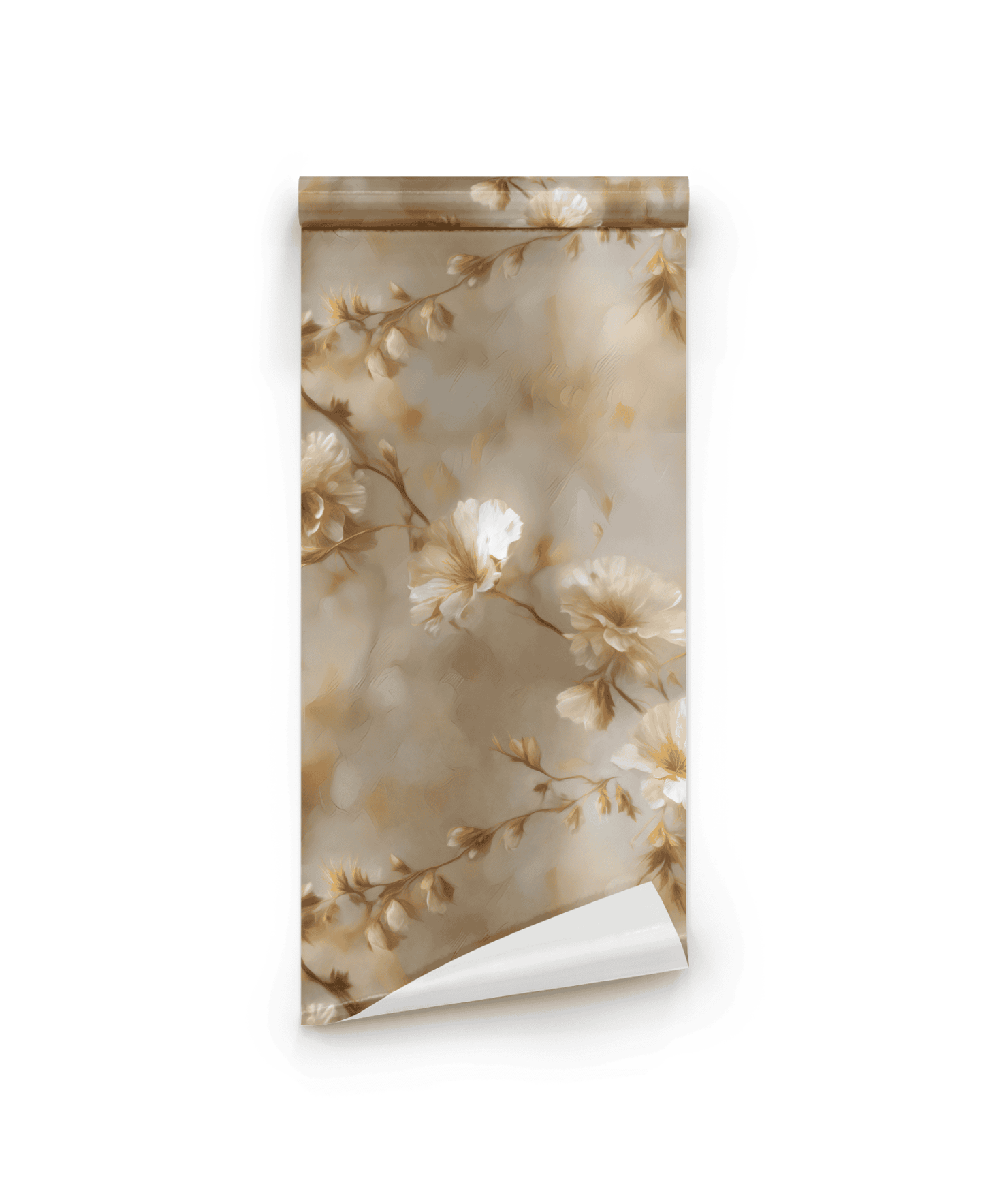 Whispering Blossom Wallpaper features a beige and brown floral design with large soft petals and delicate branches on a neutral background, bringing timeless elegance to any space.
