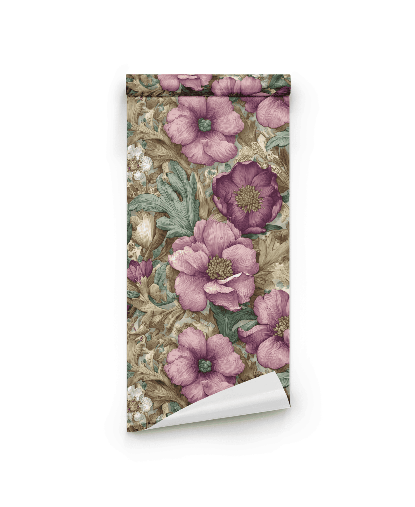 The Vintage Blossom Wallpaper showcases large pink blooms, purple flowers, green leaves, and a beige background for a vintage floral look.