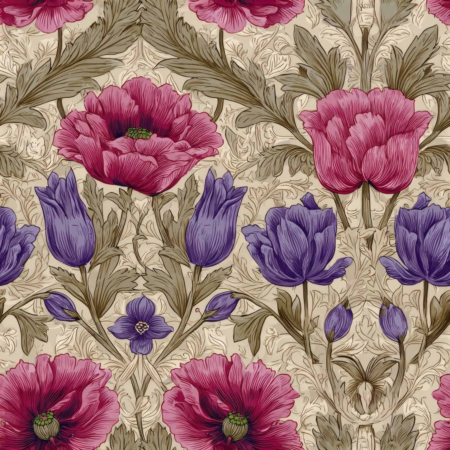 Floral wallpaper with pink and purple flowers on a beige background.