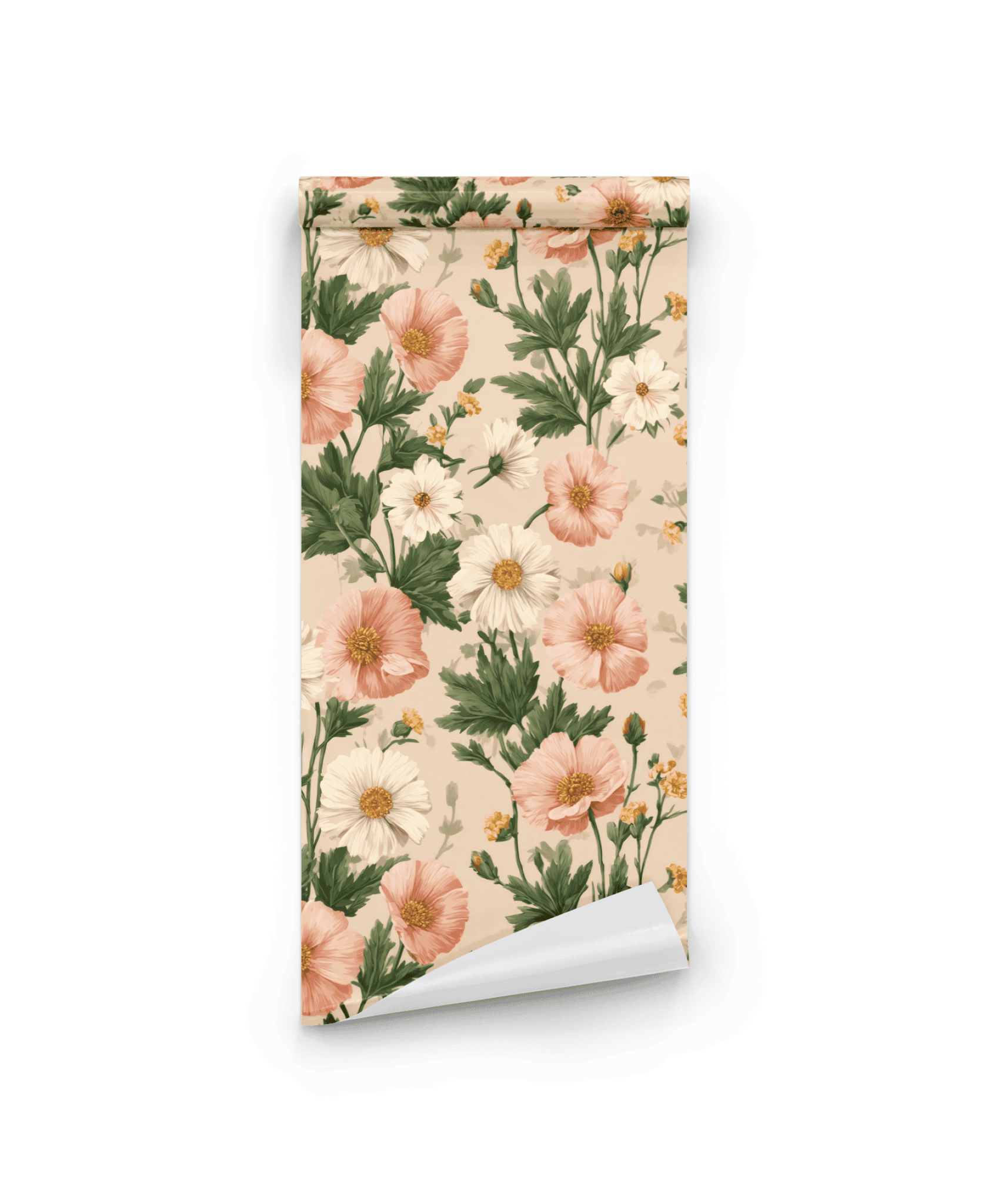 Blossom Reverie Wallpaper: A rolled sheet with lush pink, white, and yellow florals and green leaves on a beige background—perfect for adding a romantic touch to any space.