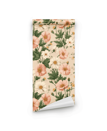 Blossom Reverie Wallpaper: A rolled sheet with lush pink, white, and yellow florals and green leaves on a beige background—perfect for adding a romantic touch to any space.