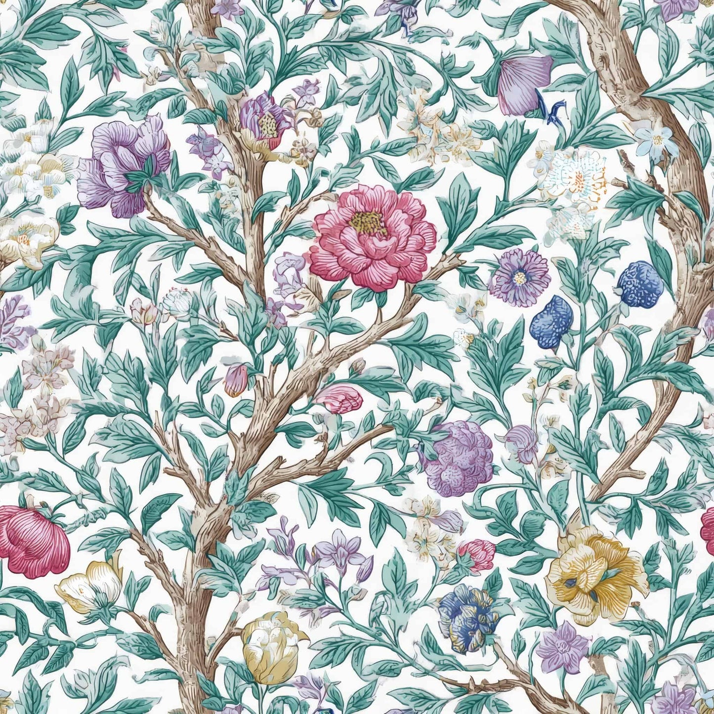 Floral wallpaper with intricate branches and vibrant blossoms in soft pastel colors.