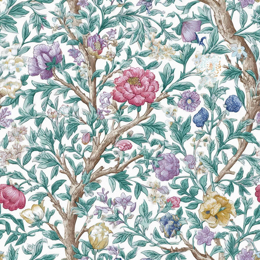 Floral wallpaper with intricate branches and vibrant blossoms in soft pastel colors.