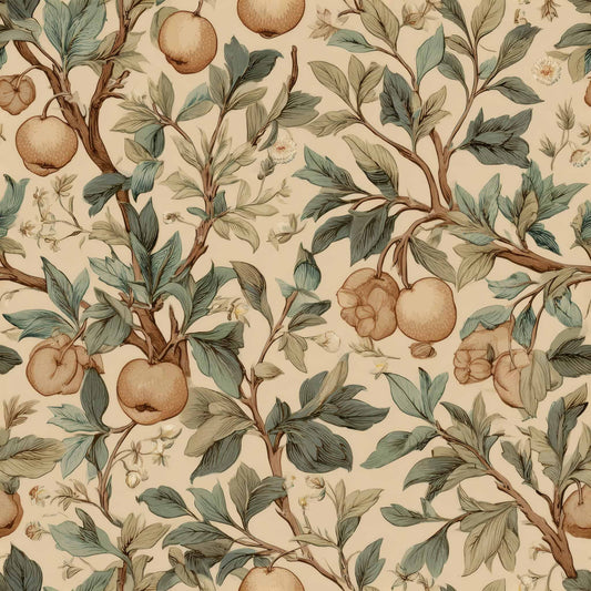Vintage-style wallpaper with botanical illustrations of fruits and leaves in muted colors.